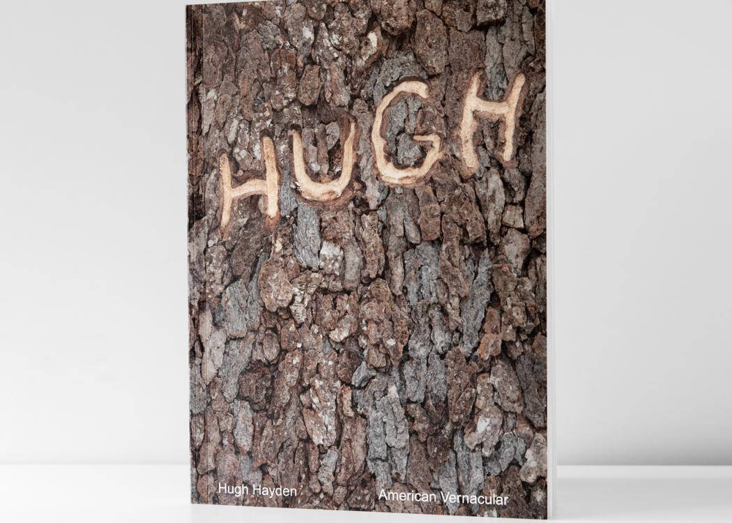 Book Cover of Hugh Hayden: American Vernacular showing bark with HUGH carved into it