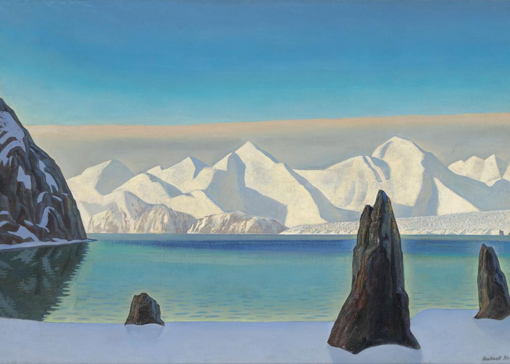 A painting of a snowy, Alaskan landscape