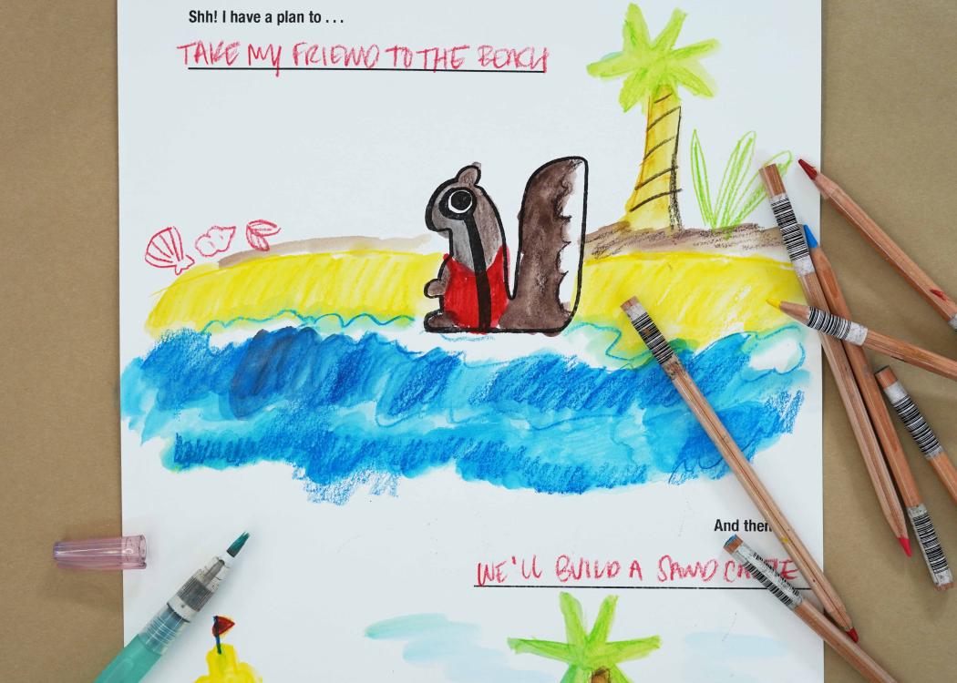 Photo of a colorful scene with a squirrel on a beach on a worksheet page with art supplies around it