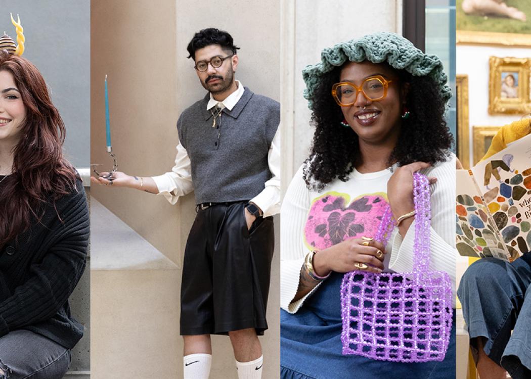 A composite image of four smiling people holding small home goods or books