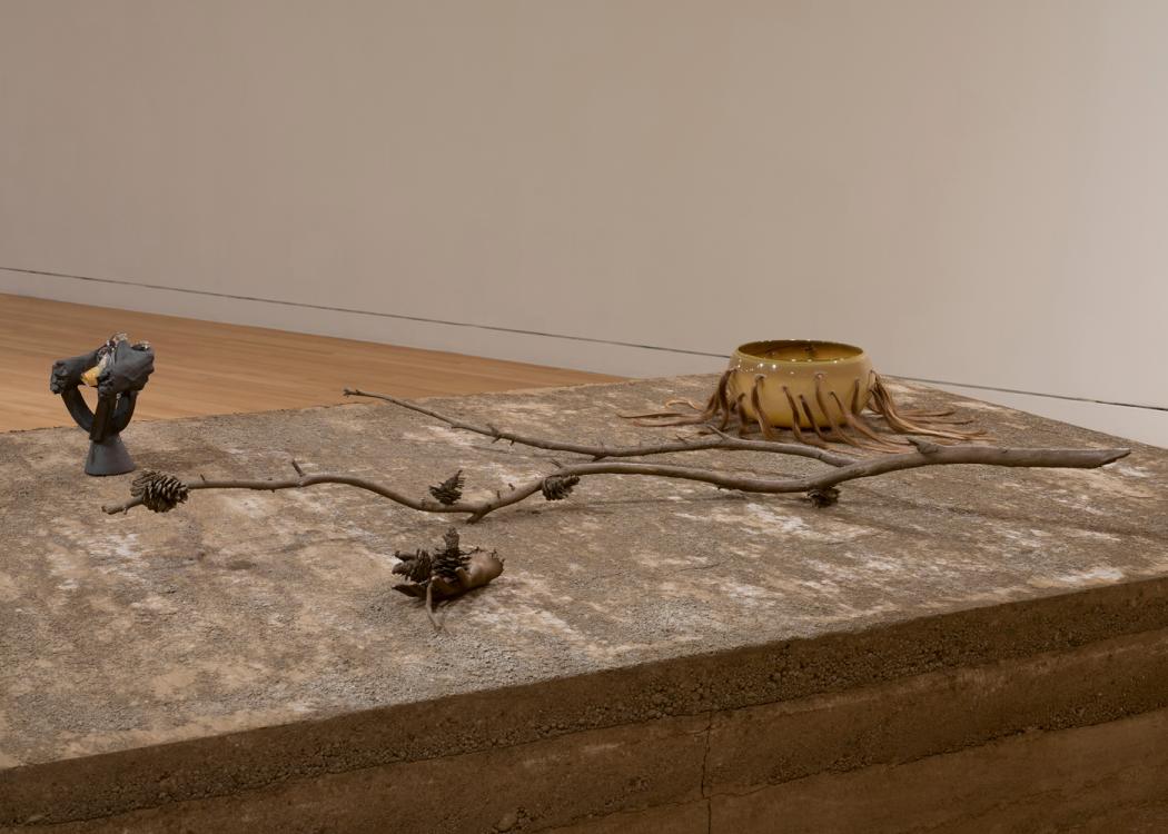 Photo of four sculptural works of art by Kelly Akashi, including a cast bronze tree limb, sitting on a earthen pedestal