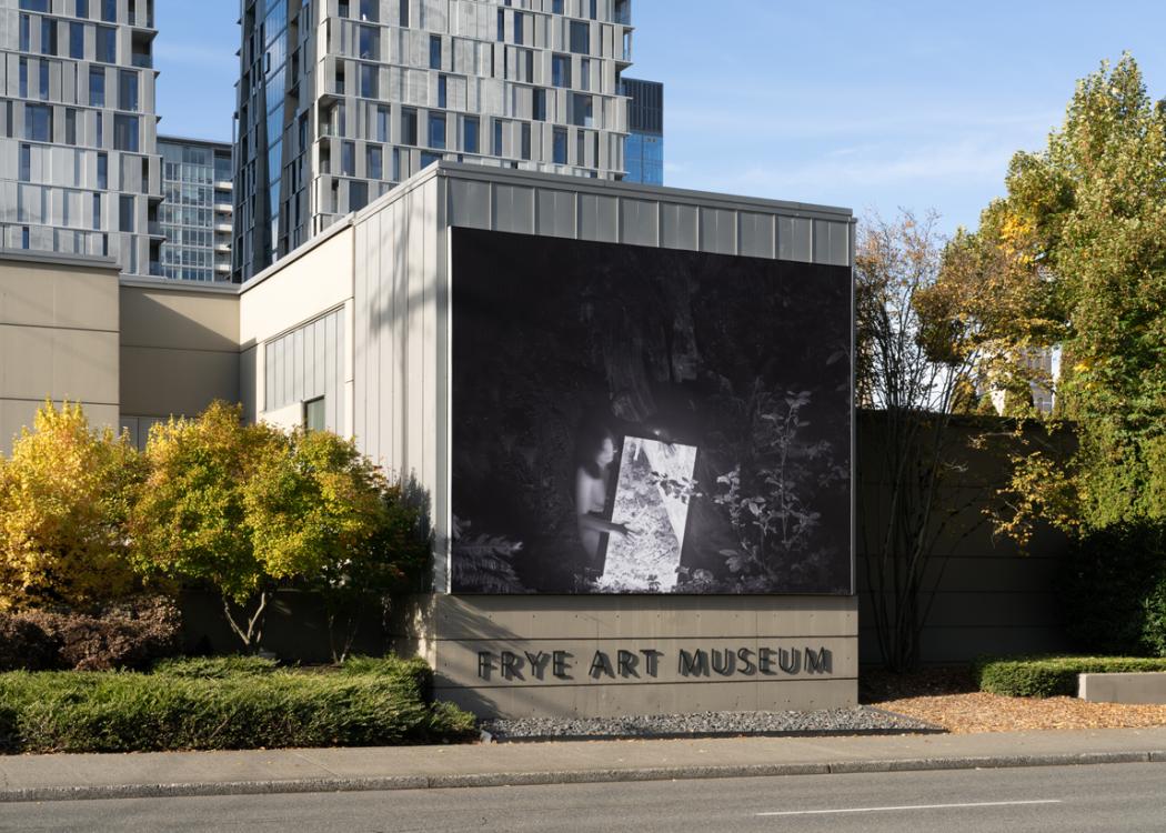 Photo of Camille Trautman's Boren Banner on the east facade of the Frye Art Museum