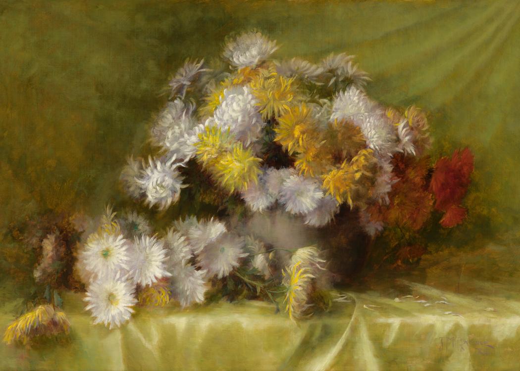 A painting of a lush bouquet of chrysanthemums on a table covered by a yellow tablecloth