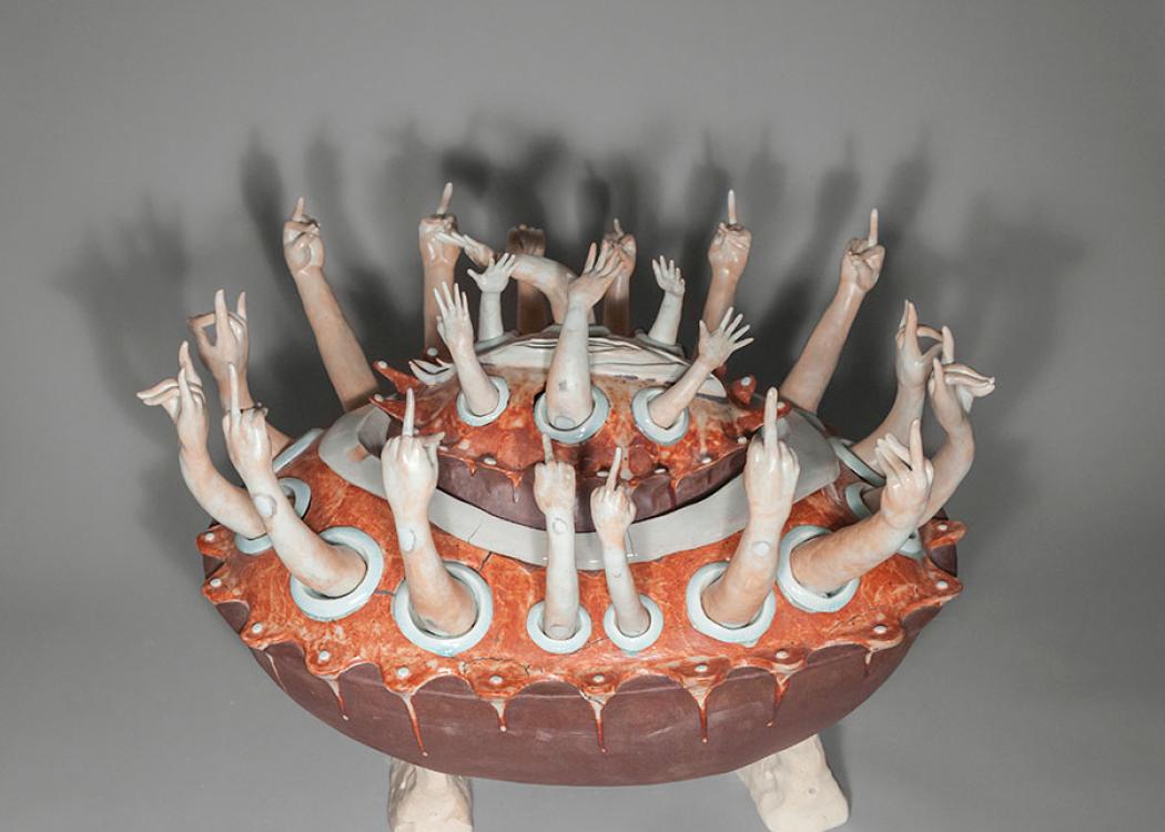 Hanako O’Leary. Venus Jar 2: I Accept, 2019. Clay, glaze, porcelain, casein paint. 24 x 15 x 20 in. Courtesy of the artist. Photo: Sarah D King 