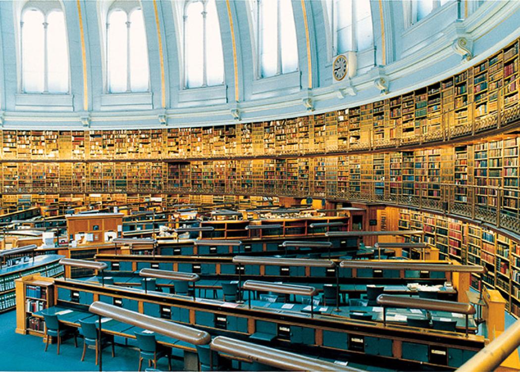 Photograph of the empty interior of a large research library