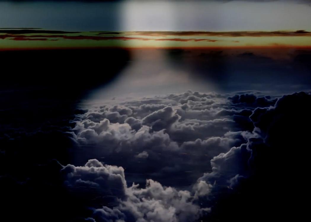 A still from Sky Hopinka's video Mnemonics of Shape and Reason showing clouds with a transparent human figure overlaid