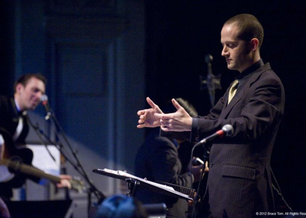 Joshua conducting for Jherek Bischoff. Photo by Bruce Tom 