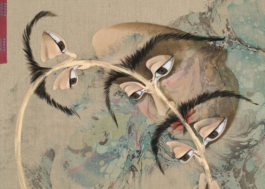 An oil and acrylic painting of a floating face with a repeating eyes and eyebrow motif on linen