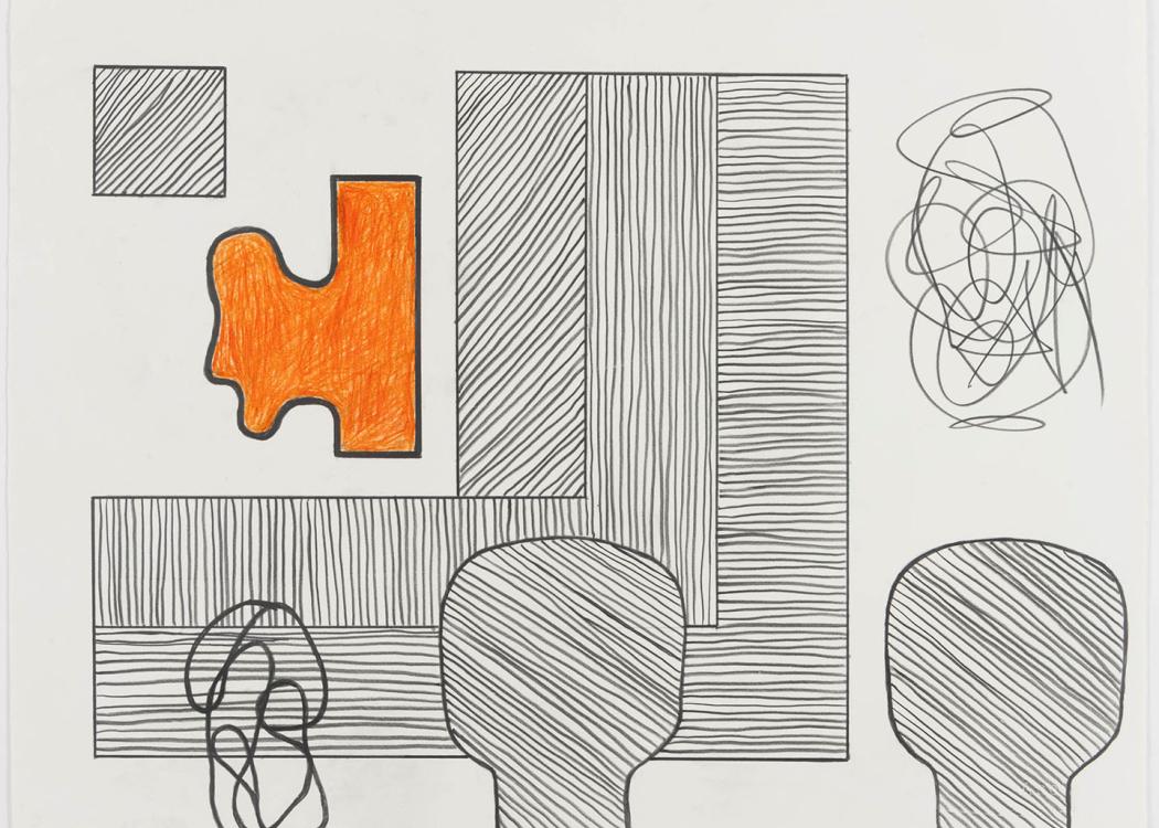 An abstract black and white line artwork with a single orange shape