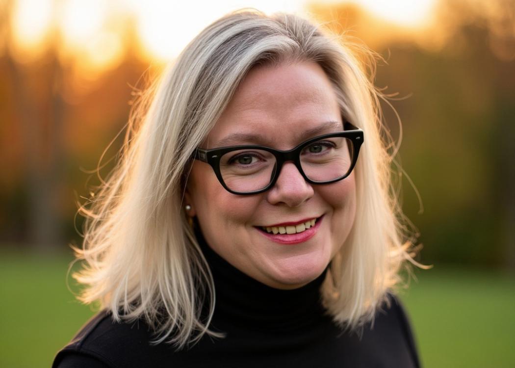 A professional, backlit, headshot style photograph of a blonde woman