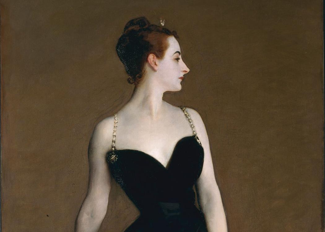 A formal portrait painting of a woman in a black dress with thin straps and a plunging neckline. Her face is turned to the side.