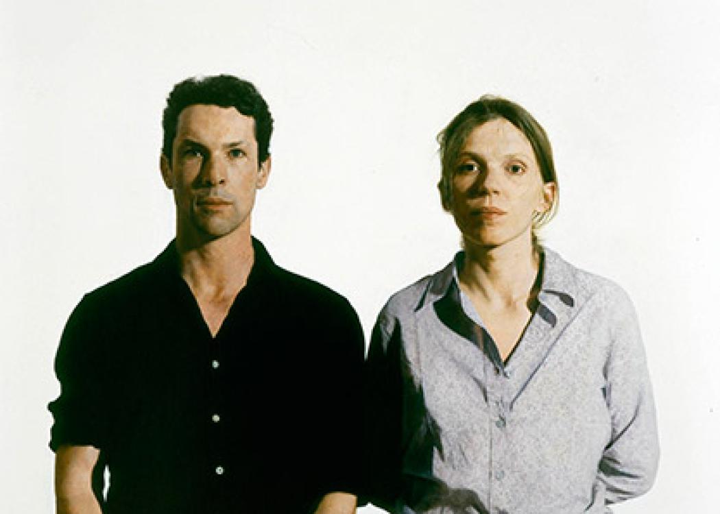 A painting of a man and a woman in modern, non-descript clothing facing towards the view