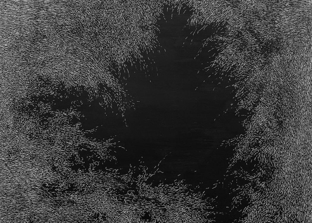 Mary Ann Peters. this trembling turf (the hollow), 2021. White ink on black clayboard. 60 x 48 in.
