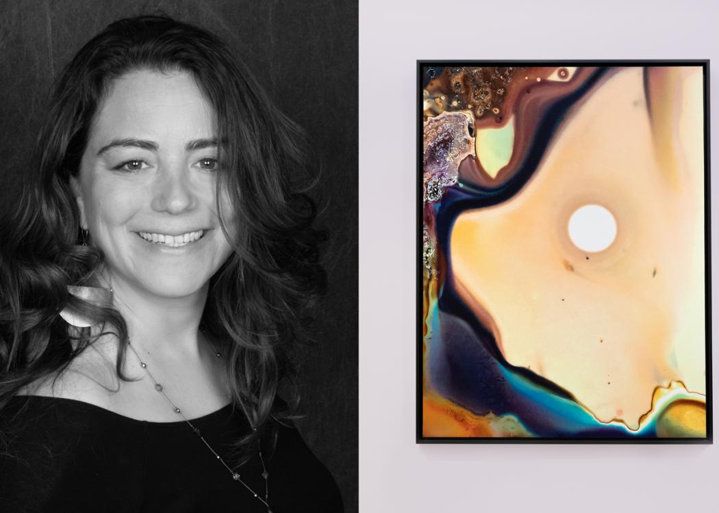 Composite image of Rachel Wolf and her artwork 'Alchemy 27'