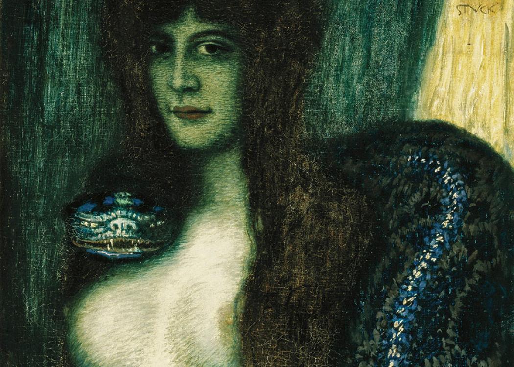 A detail of a painting of a woman by Franz von Stuck
