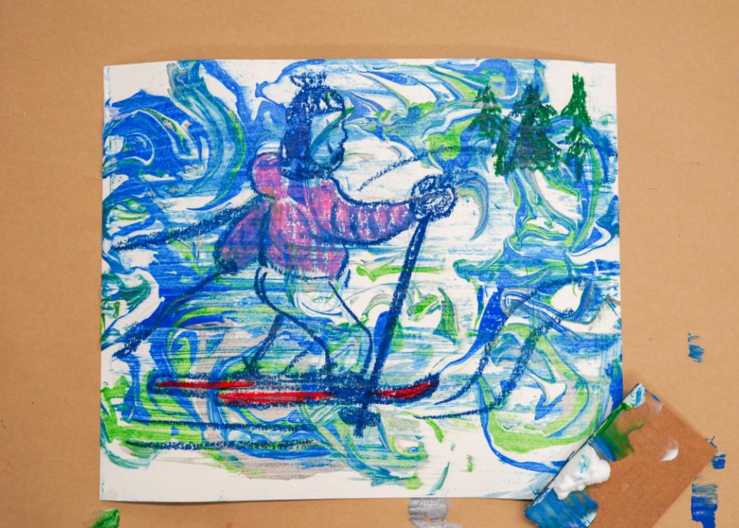 Photo of an art project depicting a skier
