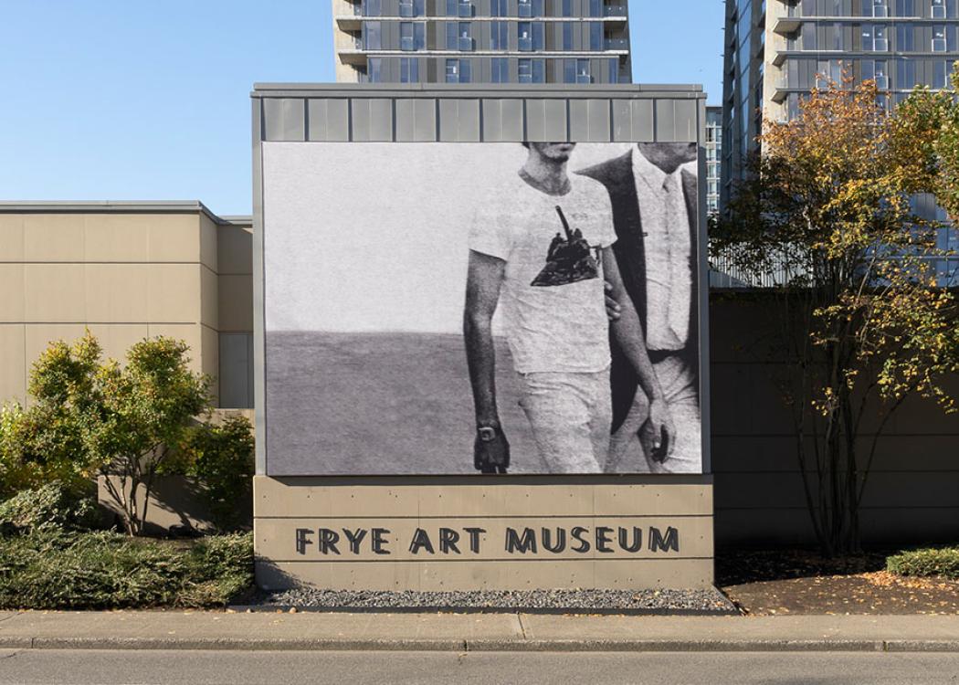 A photo of Rafael Soldi's Boren Banner installed on the exterior of the Frye Art Museum