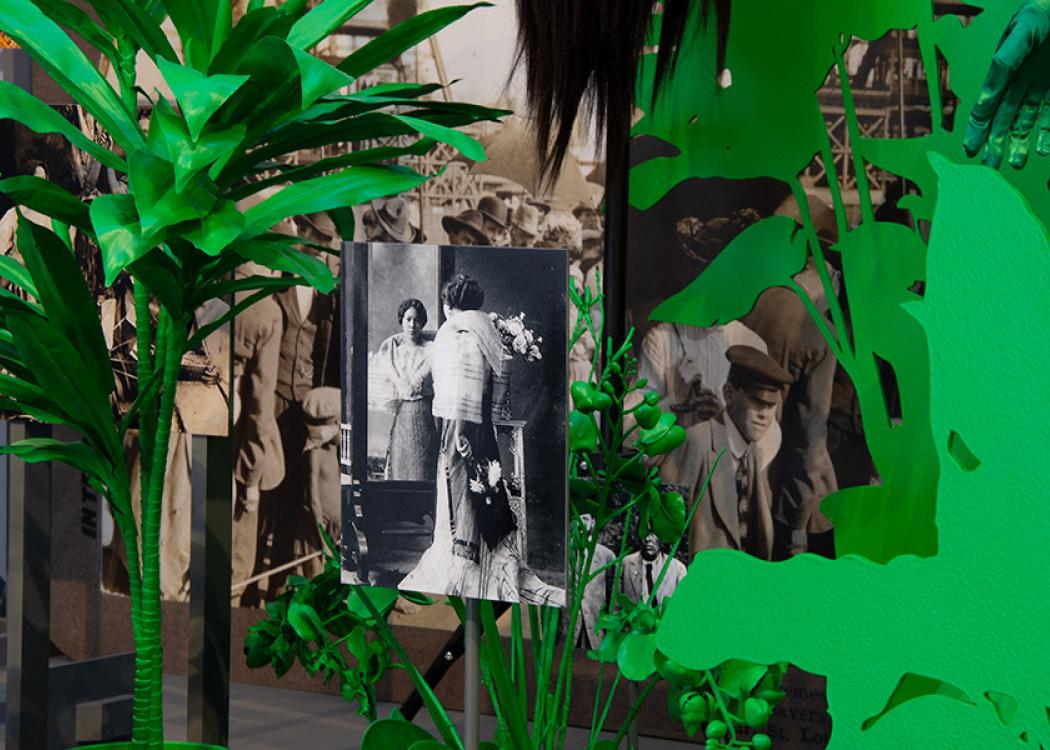 Stephanie Syjuco. Dodge and Burn (Visible Storage) (detail), 2019. Wooden platform, digital photos and printed vinyl on laser-cut wood, chroma-key fabric, printed backdrops, seamless paper, artificial plants, mixed media. 204 x 240 x 96 in. 