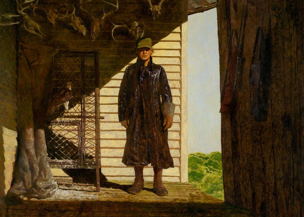 A painting of a man in a dark jacket and boots standing on a porch. The walls around him are shadowed and hung with animal skulls, and a hawk stands in a cage next to him.