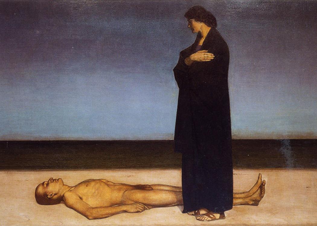 A painting of a naked man on the ground being looked over by a woman in a long, dark dress