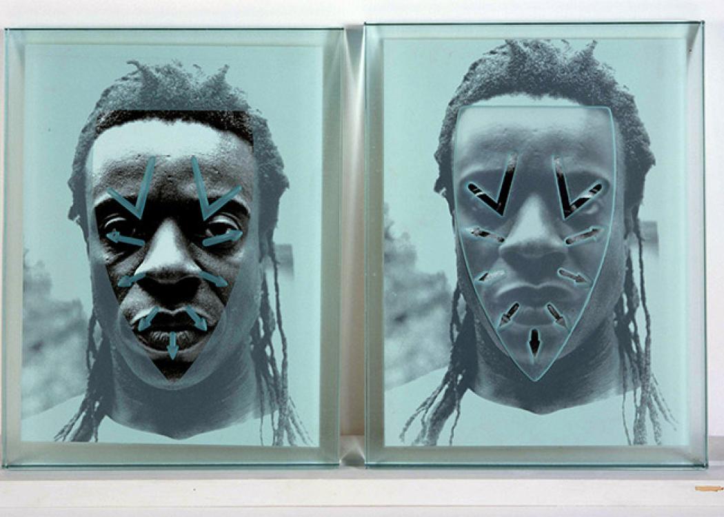 Two blue panels with faces on them