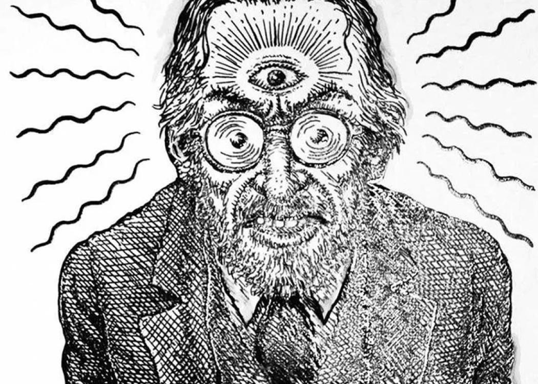 A black and white line comic style portrait of a man with a third eye in the middle of their forehead 