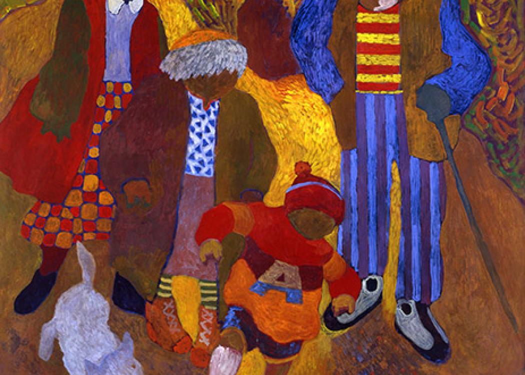 A painting of a Black family of four and a white dog