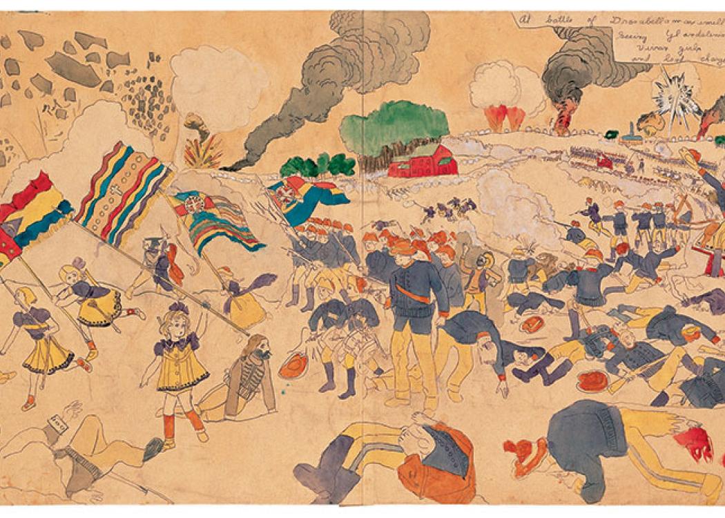 A scene of a ninteenth century style battle with children holding flags and leading a charge