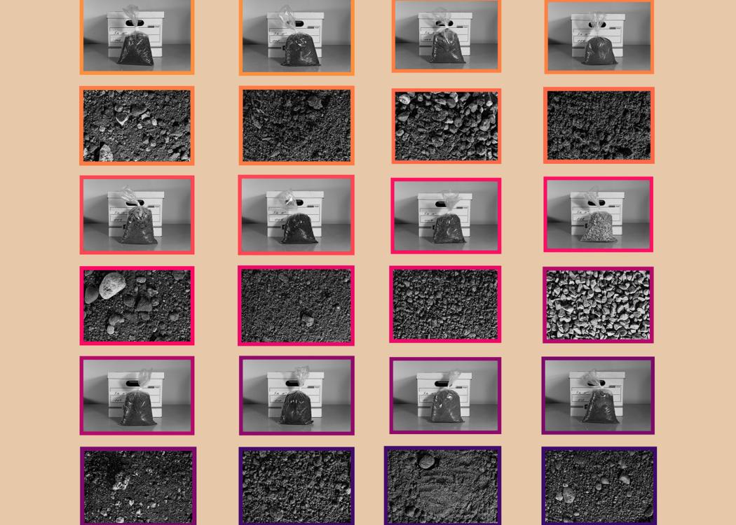 A grid of images of the earth and of a bag of dirt in front of a cardboard box