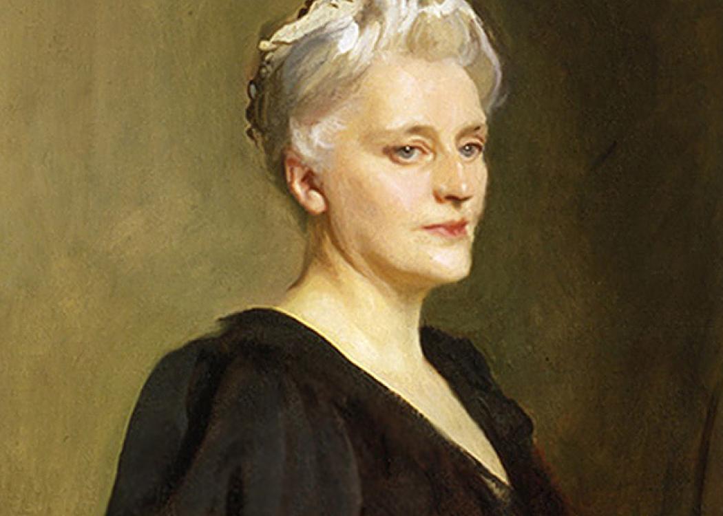 A detail of a formal, posed painting of a woman in a black dress