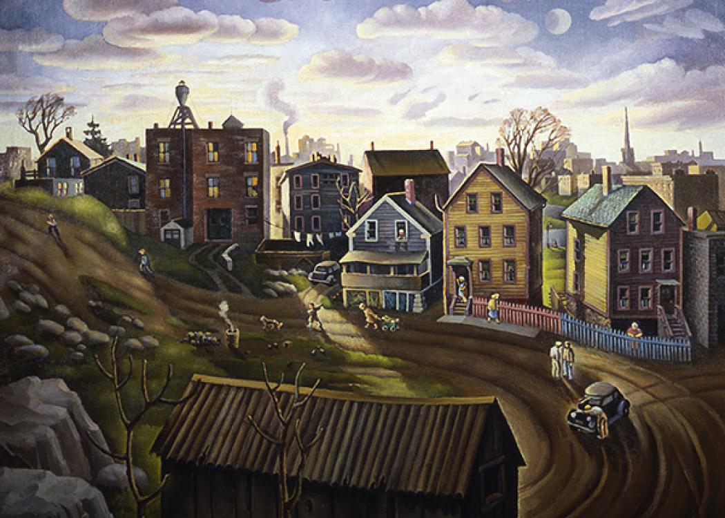 A painting of a street and houses