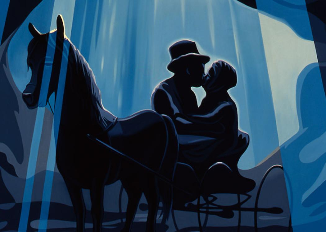 A painting of a couple sitting in the back of a horse drawn cab and kissing