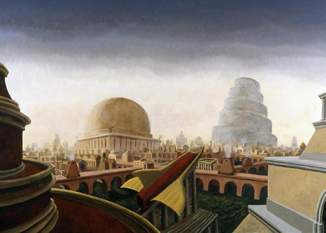 A painting of a city with classical and futuristic elements