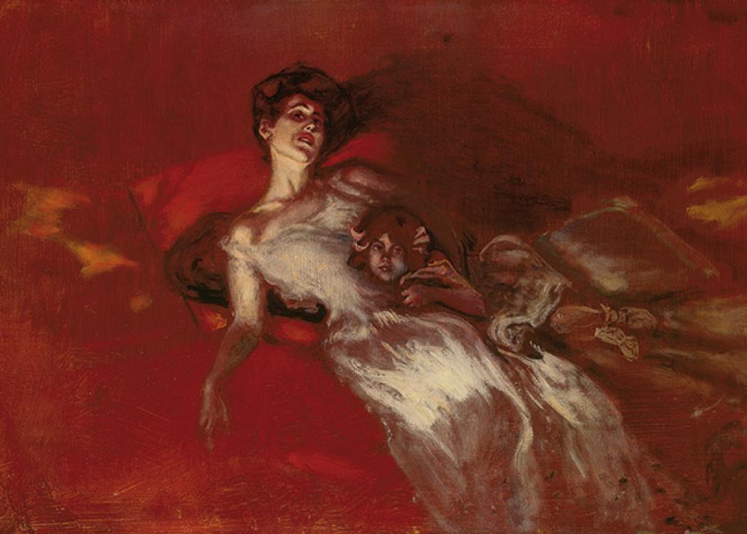 A painting of a woman and child with a red background