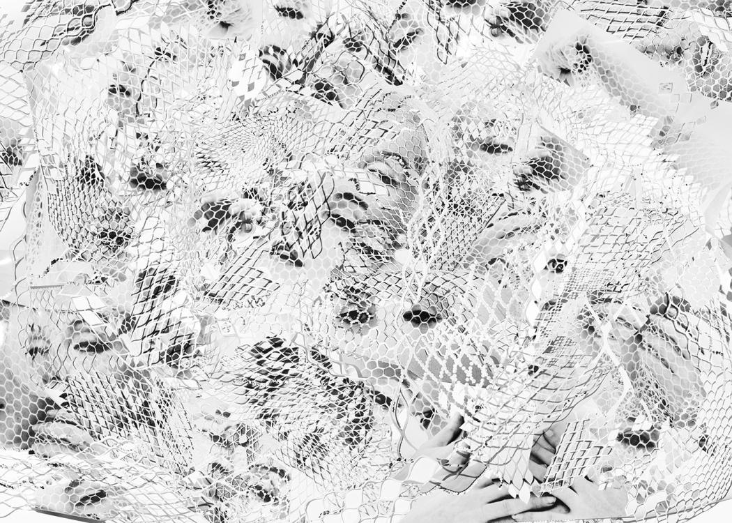 A collage of body parts of digitally imposed latticed paper cut outs