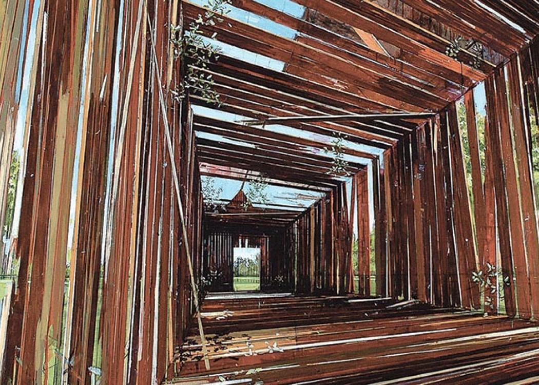 Painting of a large, long room made of planks of wood with large gaps letting in a view of a the surroundings