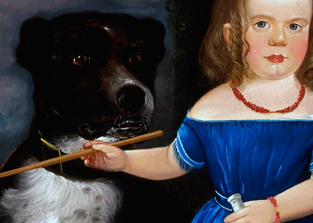Painting of a dog and young girl in a formal pose wearing adult-seeming clothes and makeup