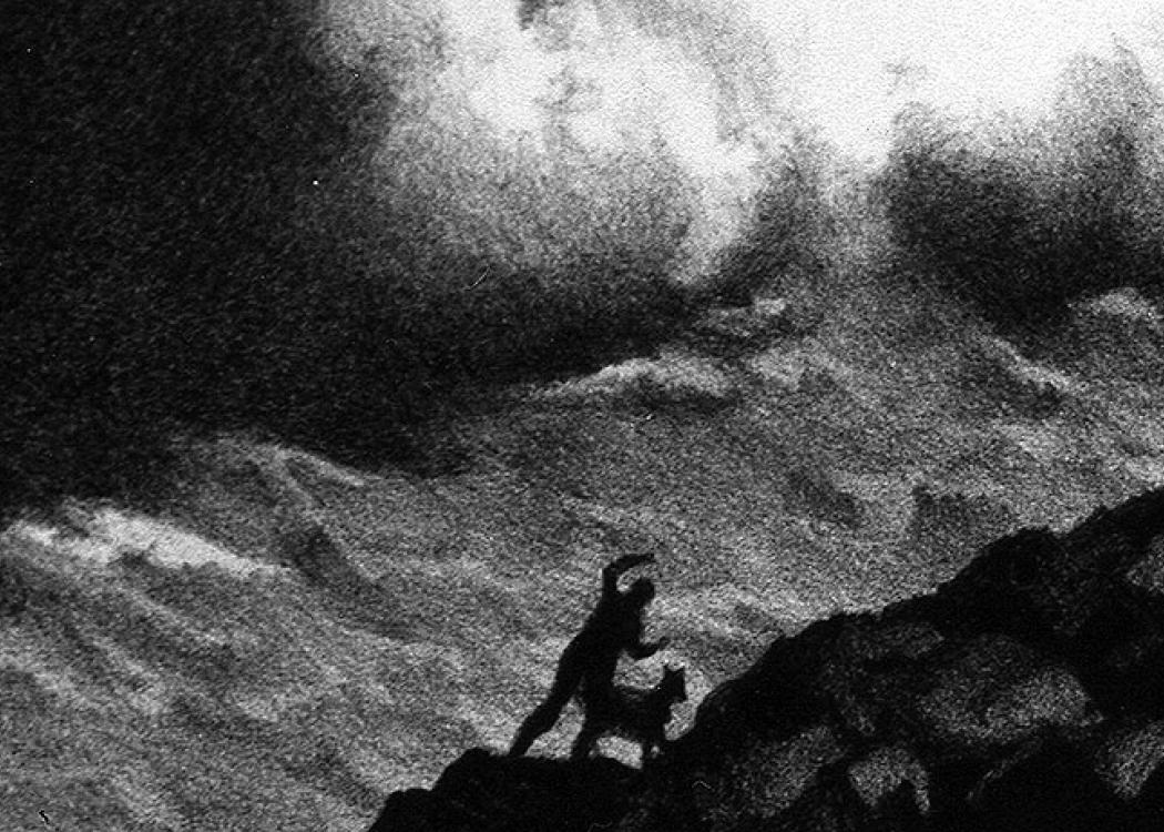 Detail of a grainy black-and-white print showing a tiny, silhouetted human figure and a four-legged animal in the foreground below a plummeting column of ice