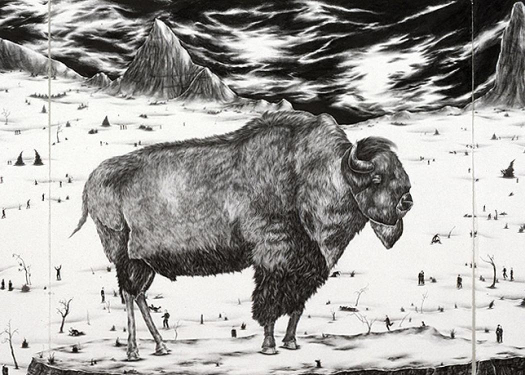 Detail of a black and white graphite drawing on three panels with a large bison in the foreground and a stark winter landscape with small trees and human figures in the background