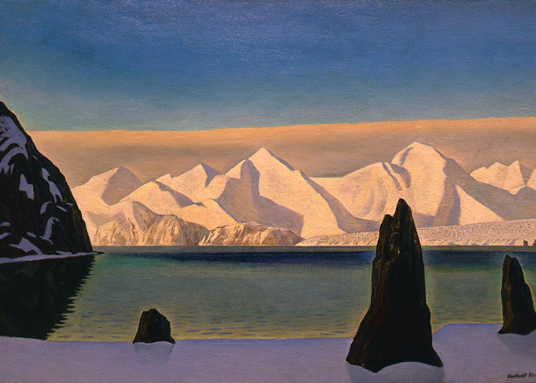 A painting of a sea in front of snow covered mountains