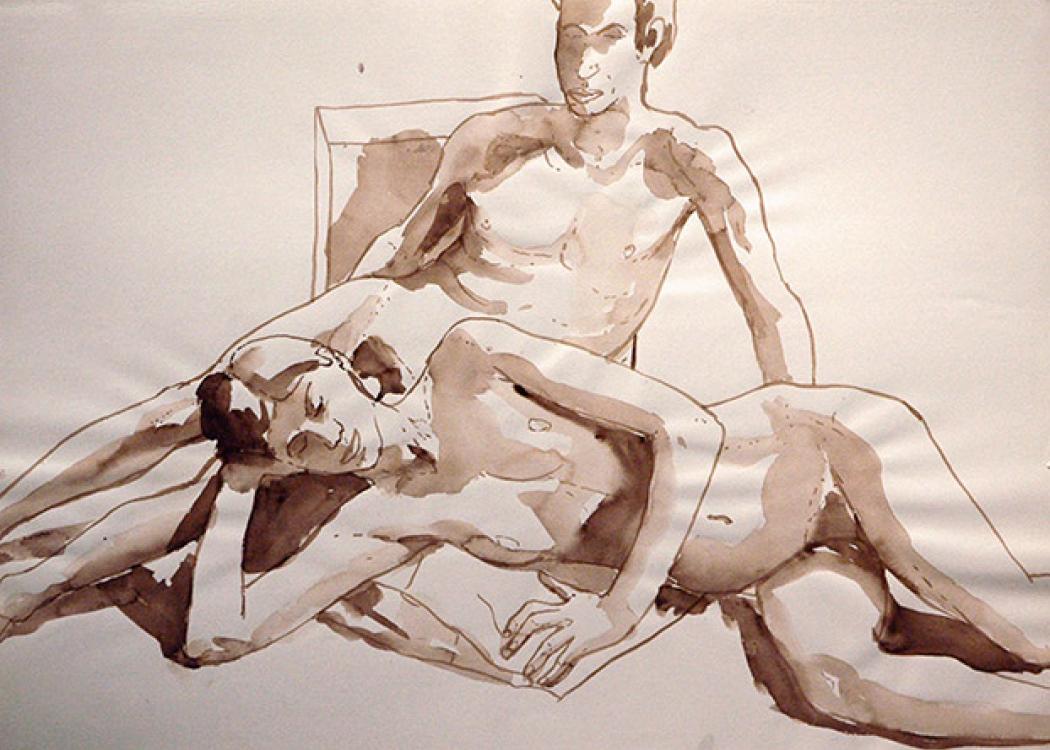 A sepia wash painting of two nude figures