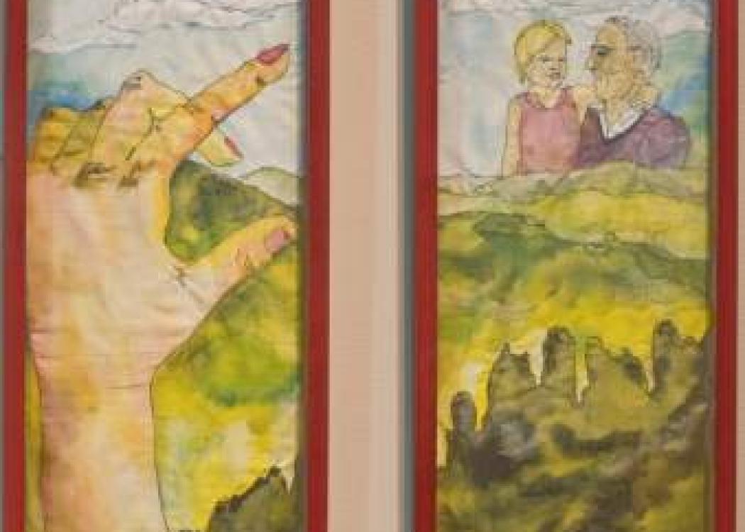 An ink on muslin painting in two frames of a hand and people above a green landscape