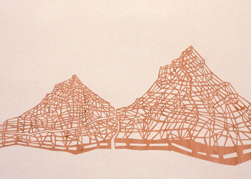 An abstract, geometric image of two mountains
