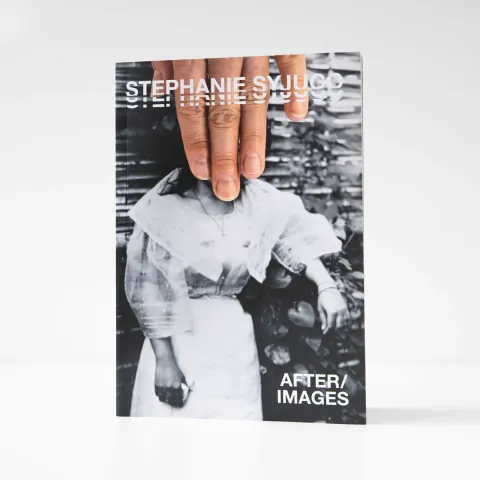 Cover of the exhibition monograph Stephanie Syjuco: After/Images, featuring a black and white image of a woman in a dress whose face is obscured by a hand superimposed on the image