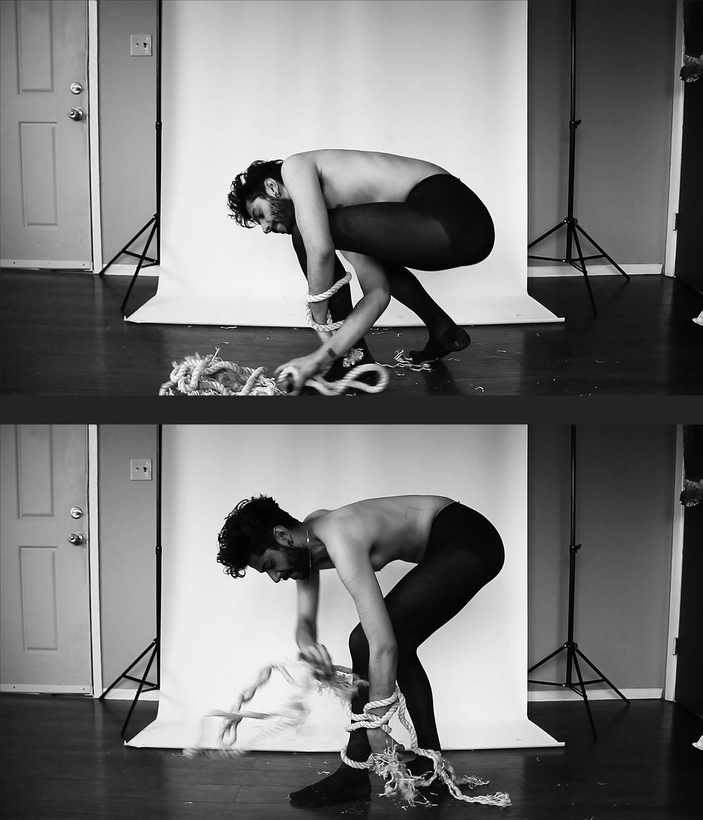 Two images from a performance of a person wearing tights and undoing rope bindings around their wrists