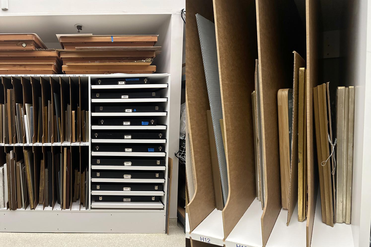 Two photos: Photo on left shows Vertical framed artwork storage bins next to shelves with solander boxes on them; Photo on right shows Framed works on paper in vertical storage bins