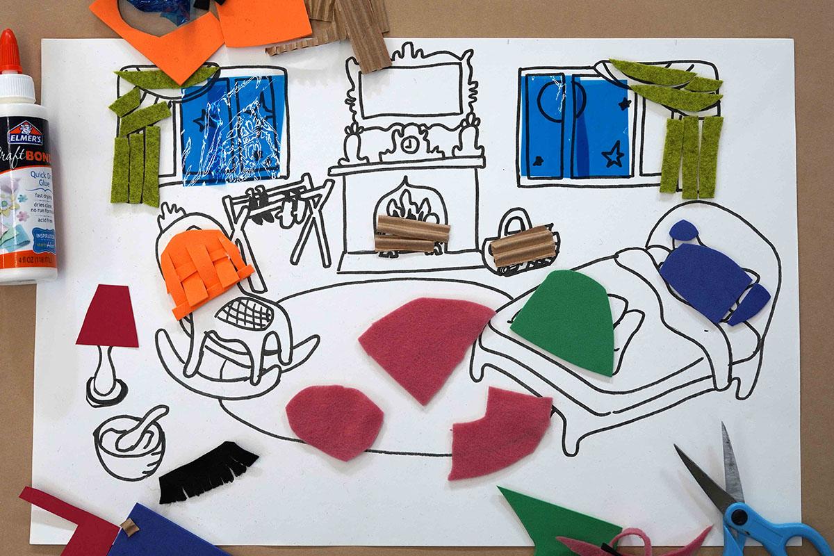 A Goodnight Moon inspired coloring page covered in a few textured fabrics