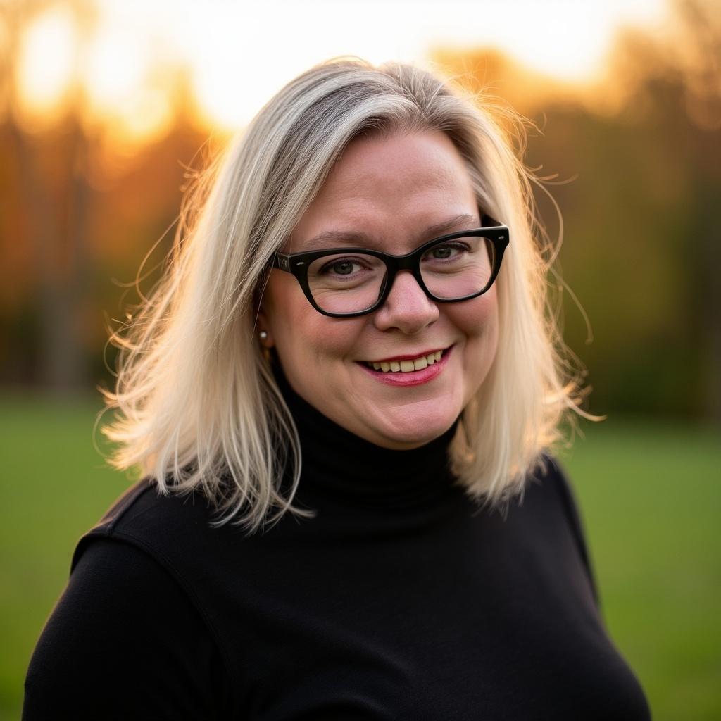 A professional, backlit, headshot style photograph of a blonde woman